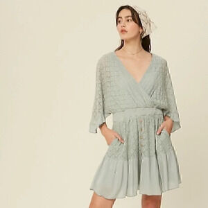 Flutter Sleeve Ruffle Hem Lace Mini Dress - Light Green